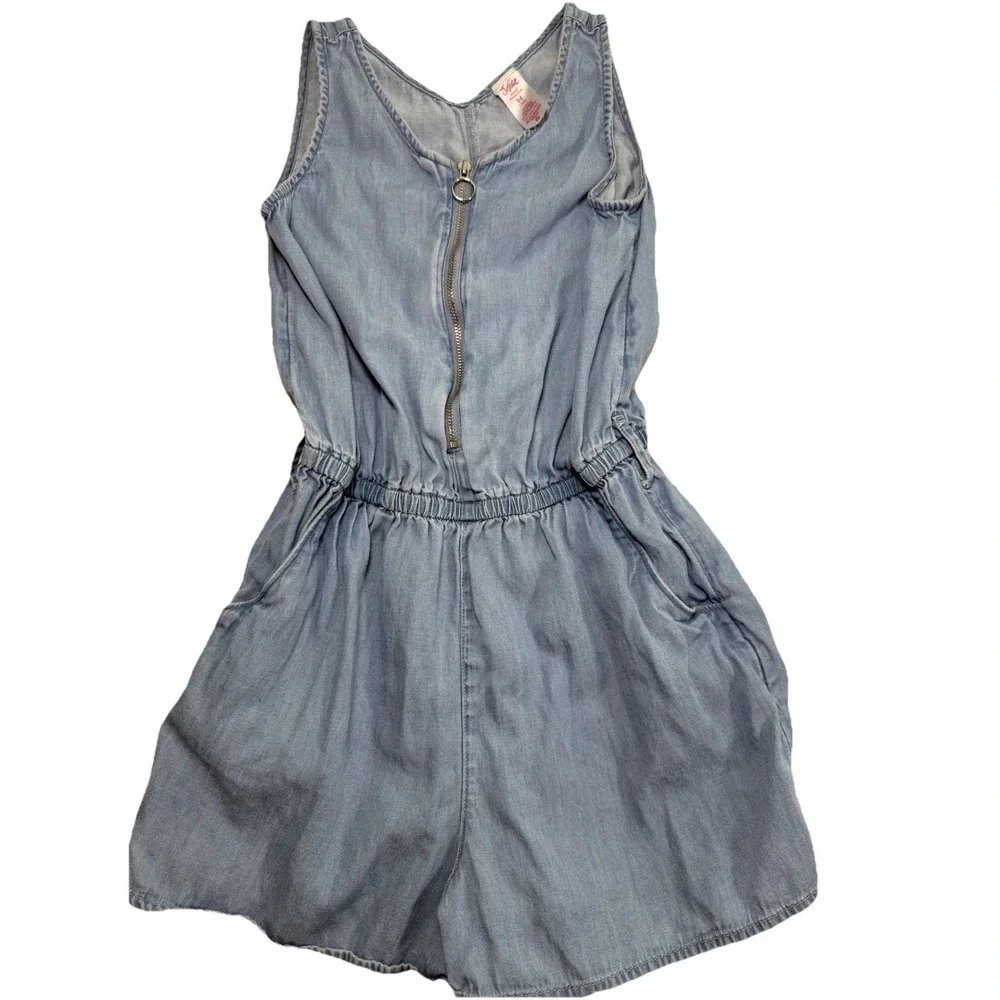Justice Girls Chambray Denim Romper Size M 10 Adjustable Waist Zip Front Pockets